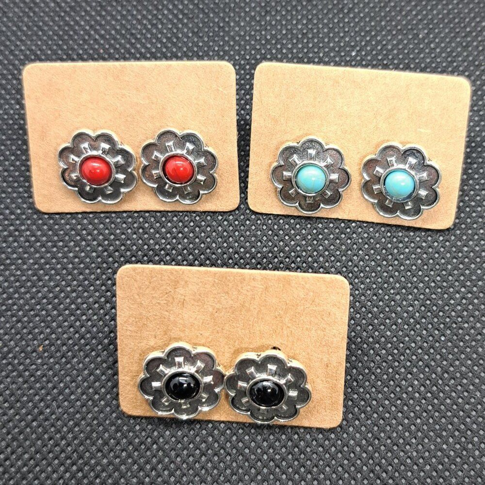 3 Pairs of Stud Earrings- Western Boho Designs- Flowers